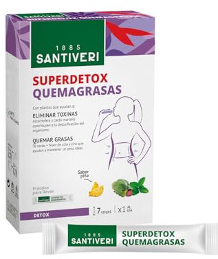 SANTIVERI - Superdetox Quemagrasas, A Base de Extractos de Plantas, Alcachofera, Cardo Mariano, Té Verde, Nuez de Cola y Zinc, Ayuda a Eliminar Toxinas, Sabor Piña - 7 Sticks