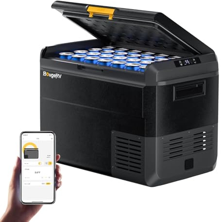 BougeRV CRS 50L Kompressor Kühlbox 12V/24V 230V mit APP Steuerung Integrierter Korb Tragbare Auto Kühlbox Gefrierbox Camping Kühlschrank Elektrisch IPX4 wasserdicht für Reisen Boot Angeln -20℃~20℃