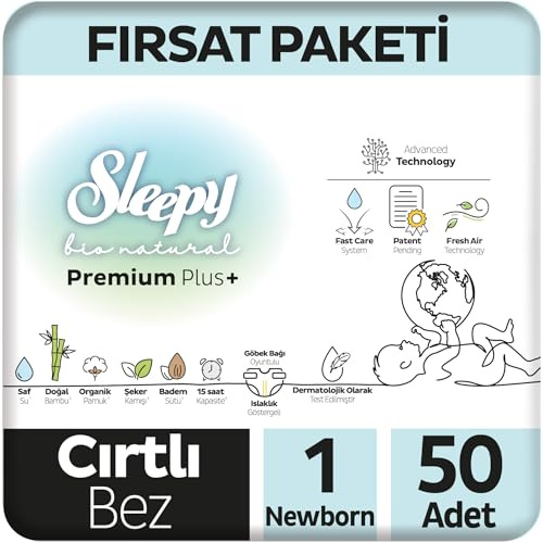 Sleepy Bio Natural Premium Plus+ Tape Diapers – Size 1 (2–5kg) | 6 Packs x 50 | 300 Eco Nappies | Bamboo, Organic Cotton, Almond Milk | Hypoallergenic & Ultra-Absorbent