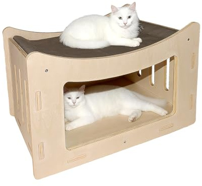 Cute Cat Head Wooden Indoor Cat House, Double Decker Cat Shelter with Elevated Soft Canvas Upper Bed, Multi-Level Pet Condo for Cats & Rabbits