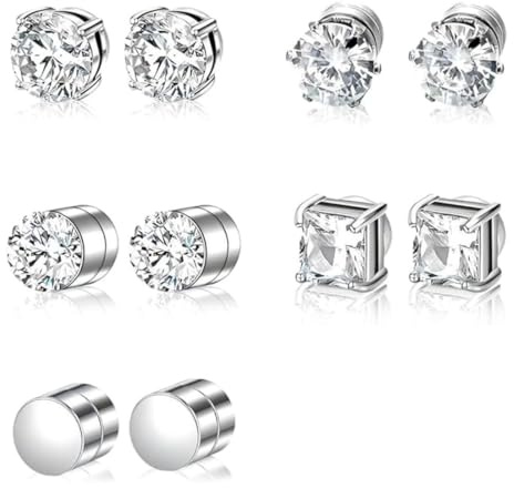 CEJAS 5 Paia Orecchini Magnetici Senza Piercing Non Perforanti Donna Uomo Calamita 6 Mm Rotondi Quadrati Argento