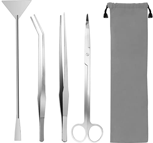 Coolrunner - Kit di attrezzi per acquario, 4 in 1, antiruggine, in acciaio inox, pinzette, forbici, spatola per acquario, set di attrezzi per la pulizia dell'acquario (argento)
