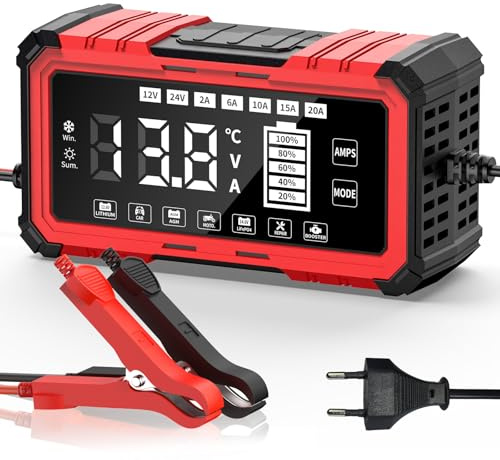 Caricabatterie da auto da 20 A, 12 V/24 V, Smart completamente automatico, con compensazione della temperatura, caricatore intelligente per auto, moto, camion, tosaerba, tosaerba o barca