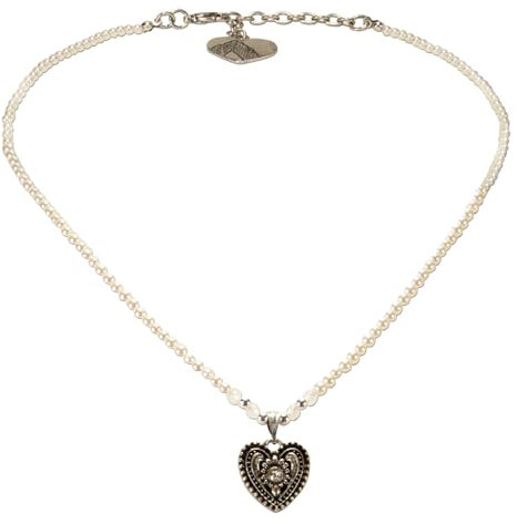 Alpenflüstern Filigran Perlen-Trachtenkette Trachtenherz - Damen-Trachtenschmuck mit antik-Silber-farbenem Strass-Herz, Dirndlkette Creme-weiß DHK205