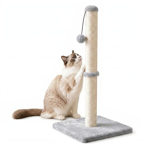 Dimaka 29 Tall Cat Scratching Post, Claw Scratcher Sisal Rope Covered Soft Smooth Plush, Vertical Scratch [Full Strectch], Modern Design 29 Inches Height (Grey)