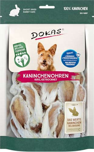 DOKAS Oreilles de Lapin avec Fourrure - Friandise Naturelle sans céréales pour Chiens en 100% Lapin - Court pour Petits Chiens - 1 x 100 g