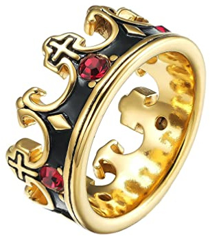 HIJONES Roi Couronne Bague pour Homme en Acier Inoxydable avec Gemmes Rouges Vintage Gothique Croix Anneaux Or Taille 62