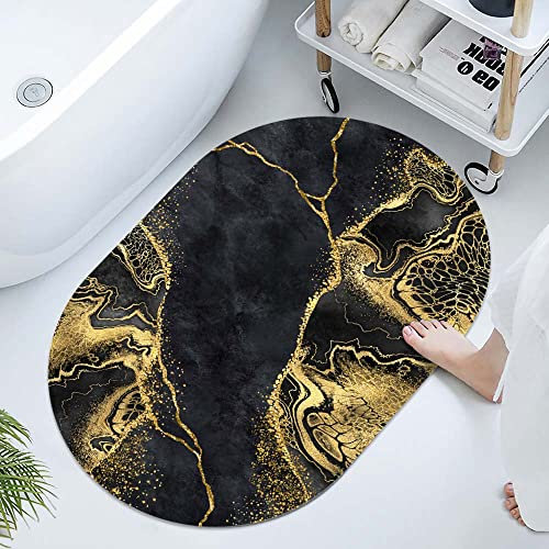 Super saugfähige Kieselgur Badematte aus Stein, schwarze Marmorierung mit goldenen Adern, schnell trocknende Badezimmerteppiche, einfache Küchen-Fußmatte (oval, 40x60 cm)