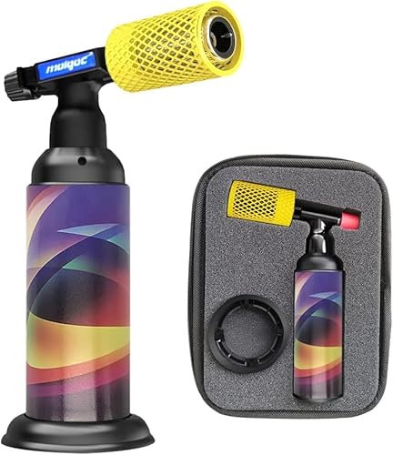 Yellow Butane Torch Lighter with Anti-Burn Stainless Steel Cover,Refillable Kitchen Butane Gas Blow Torch,Adjustable Flame Guard for BBQ, Camping, Cooking (Gas Not Included) (Yellow-Stainless Steel)