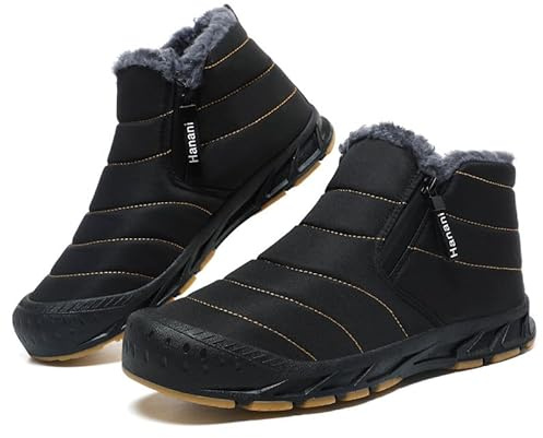 ziitop Winterschuhe Herren Warm Gefüttert Schneestiefel Reißverschluss Kurzschaft Stiefel Flach Winter Outdoor Boots Bequem Rutschfeste Winterstiefel Schwarz 45 EU