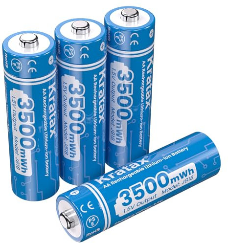 Kratax 1,5V AA Batterie, Wiederaufladbare Lithium AA Batterie, Langlebige 3500mWh Kapazität, Bis zu 1600 Zyklen, 4 Stücke Lithium Akku