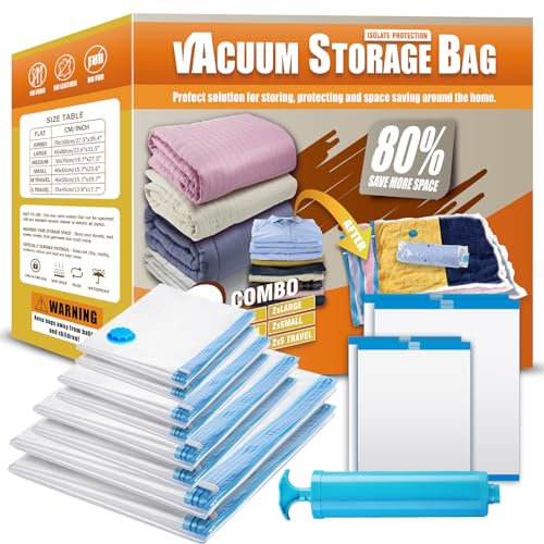 Space Saver Bags, Vacuum Storage Bags, Compressed Sealer Bags Storage for Clothes, Comforters, Beddings and Blankets with Hand Pump (12 Combo)