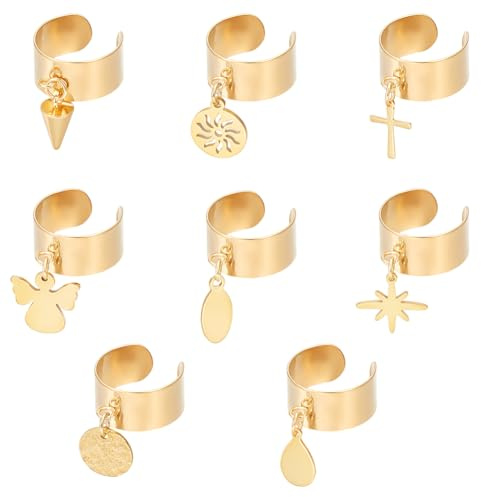 UNICRAFTALE 8 pièce 8 styles Bague Breloques Acier Inoxydable avec Pendentifs Ronds en Forme Ange Croix Bagues Réglables Bague pour Femme Bagues Doré pour Fête des Mères du Été An Bague Bijoux