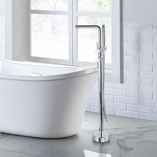 ARCORA Freistehende Wannenarmatur: Badewannenarmatur aus Kupfer Edelstahl 360° Schwenkbar Badewanne Bodenmontage mit Handbrause (Chrom)