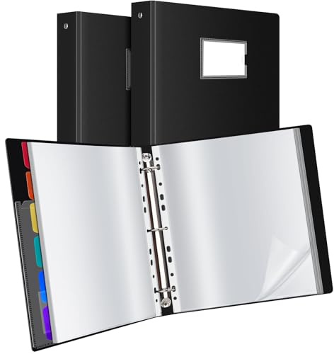 Uquelic Raccoglitore documenti A4 con 80 buste perforate trasparenti e 6 pagine divisorie colorate in PP, portadocumenti in plastica per documenti, certificati e ricevute, confezione da 2, nero
