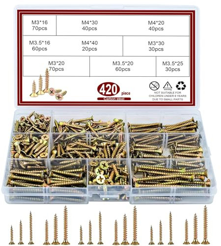 SXTDKMJ Wood Screws, 420PCS Assorted M3, M3.5, M4 Screws for Wood, Color Zinc, Phillips Head, DIY Furniture Repairs