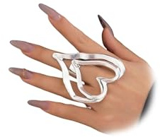 Large Hollow Polished Heart Rings Statement for Women, Chunky Big Double Heart Ring Trendy Exaggerated Irregular Aesthetic Party Valentine Jewelry Gift (Silver 2)