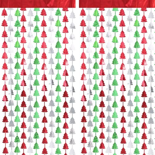 G2PLUS Christmas Tree Foil Curtains: 1m x 2m Metallic Tinsel Backdrop, 2PCS Red Green Silver Christmas Party Decorations for Xmas, Holiday Party, Photo Booth Props Backdrop