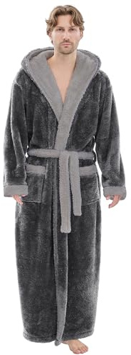 PJGGZ Mens Plush Robes Full Length, Big and Tall Fleece Hooded Bathrobe Warm Fluffy Cozy Winter Housecoat Floor Length(Dark Grey/Medium Grey,L/XL)