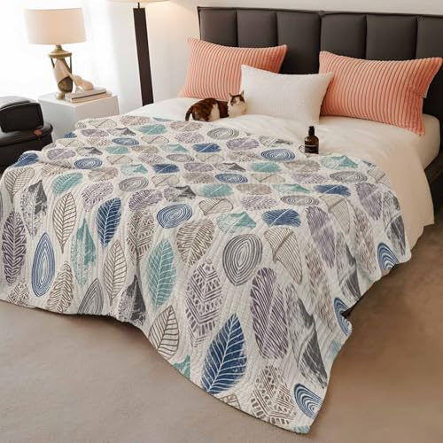 Striped Blanket Farm Teal Leaf Retro Linen Fleece Throw Blanket 60x80in,Abstract Leaves Seamless Soft Cozy Flannel Lightweight Blankets for Couch Bed Sofa