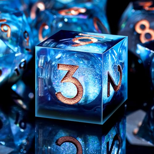 SIQUK 7 Piezas Dados Nucleo Liquido Juego Dados Poliedricos D4 D6 D8 D10 D12 D20 D% DND Dice para RPG MTG Dungeons and Dragons, Azul & Negro, Dorado