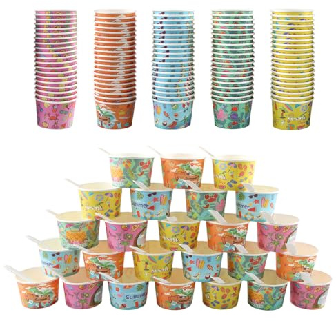 dellyy 50 Piezas Cuencos Helado Papel 165 ml, 10 Diseños Cuencos para Helados Desechables con Cucharas, para Yogur Helado y Sopa, Resistentes y Antifugas, Set para Fiestas (100)