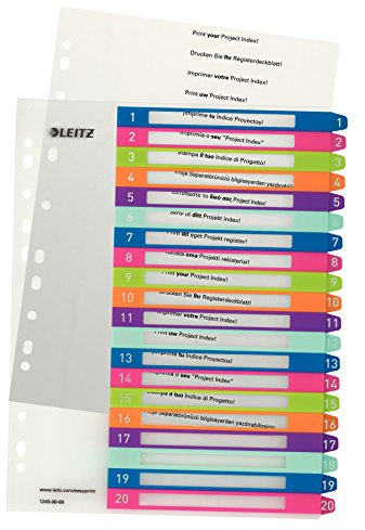 Leitz Register für A4, PC-beschriftbares Deckblatt und 20 Trennblätter, Taben mit Zahlenaufdruck 1-20, Überbreite, Mehrfarbig, Polypropylen, WOW, 12450000