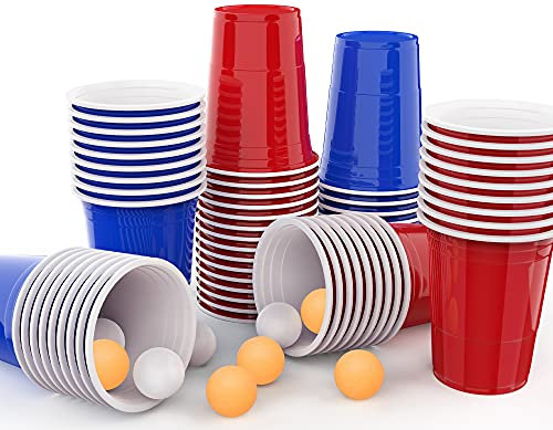MOZOOSON Bierpong Becher Set, Beer Pong Becher, 100 Stück Becher + 10 Bälle, Red Cups 473ml 16oz Plastikbecher, Mehrwegbecher Rote Becher Blaue Becher, Partybecher für All Party