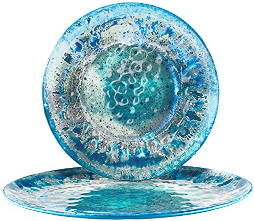 Radiance Teal 2pc Melamine Platter Set – 14 Round & 18x13.5 Oval Serving Trays – Reactive Glaze Style Artisan Serveware for Entertaining, Holidays, Dinner Parties, or Gifts