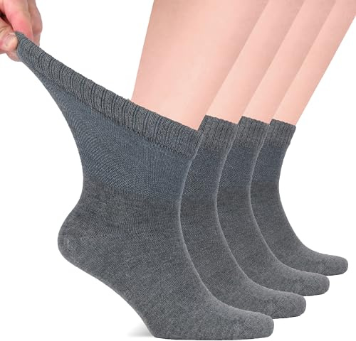 Hugh Ugoli Calzini Uomo Diabetici in Bambù, 4 Paia, Calzini Corti Morbidi e Traspiranti, Extra Larghi per Caviglie Gonfie, Bordo Senza Elastico e Punta Senza Cuciture, Gris mélange, Taglia 40-44