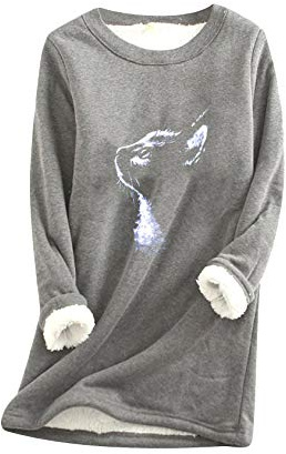 EFOFEI Suéter de felpa para mujer, de invierno, cálido, de color sólido, de manga larga, con estampado navideño, Gato Gris Oscuro, M