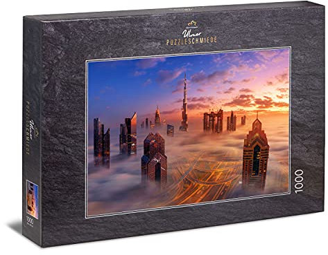 Ulmer Puzzleschmiede - Puzzle „Dubai erwacht“ - Klassisches 1000 Teile Puzzle mit modernem Städte-Motiv – die spektakuläre Skyline der Stadt Dubai mit ihren Wolkenkratzern im morgendlichen Nebel