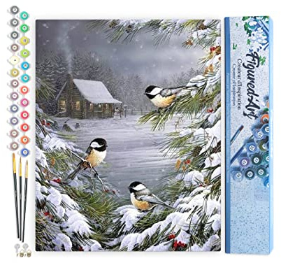 Figured'Art Peinture par Numéro Adulte Trois Oiseaux sous la Neige - Activité Manuelle Kit de Loisir Créatif DIY Numéro d'Art Complet - 40x50cm sans châssis en bois