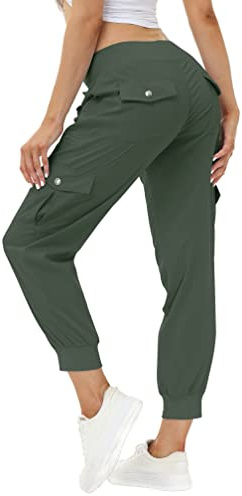 MoFiz Women's Hiking Pants Cargo Joggers Sweatpants with Pockets Lightweight Quick Dry Outdoor Summer Casual Athletic Elastic Waist Army Green L