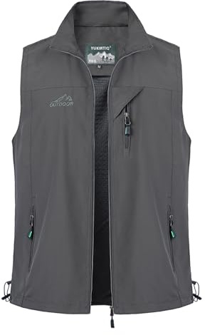 Yukirtiq Herren Outdoor Anglerweste Leicht Safari Weste Multifunktionsweste Atmungsaktiv Angeln Weste Jagdweste Taschen Wandernweste Fotografie Ärmellos Jacke, Grau, XL