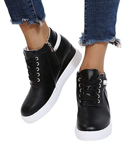 Onsoyours Damen Laufschuhe Lace-up Casual Sneakers Versteckte Keilabsatz Plateau Freizeitschuhe Turnschuhe Reißverschluss Sportschuhe Outdoor Jogging Walkingschuhe A Schwarz 39 EU