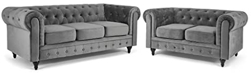 Bravich Velvet Chesterfield Sofa | 2 & 3 Seater Suite | Soft Plush Fabric | Foam Seat Cushions | Scroll Arms | Button Studded Back | Living Room Bedroom Conservatory | Grey