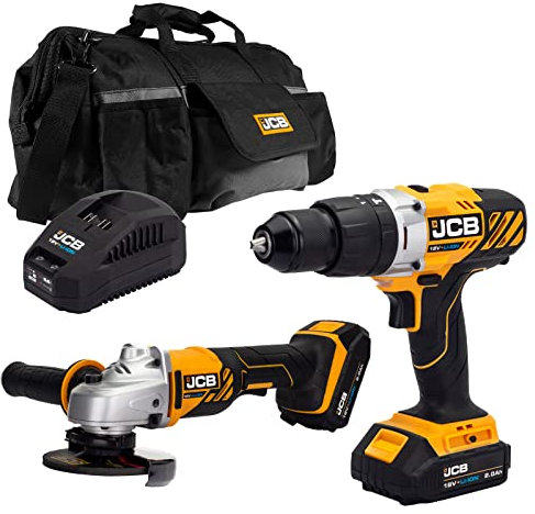 JCB 18V Cordless Combi Drill & 112mm Angle Grinder, 2X 2.0Ah Battery, Fast Charger, Tool-Free Blade Changing, 16+3 Position Torque, 20 Power Tool Kit Bag, 3 Year Warranty