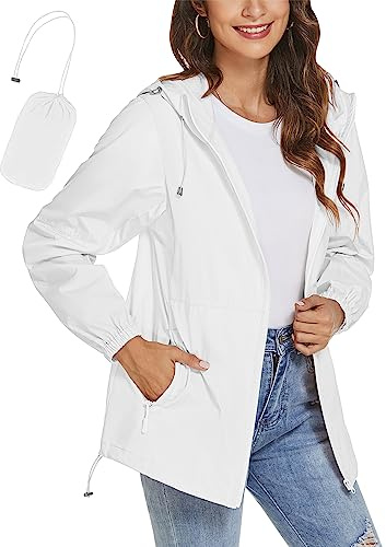 iWoo Waterproof Jackets Women Summer Jacket Lightweight Packaway Rain Coats For Women Uk Raincoats With Hoodie White XXL