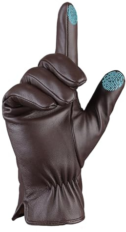 Guantes de cuero de invierno para hombre Guantes de conducción de piel de oveja con pantalla táctil forrada de cachemira cálida,Marrón,M