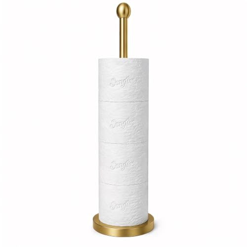 Songtec Support de Papier Toilette doré avec réserve, Support de Rouleau de Papier Toilette sur Pied pour 4 Rouleaux, Design Compact pour Salle de Bain – Doré