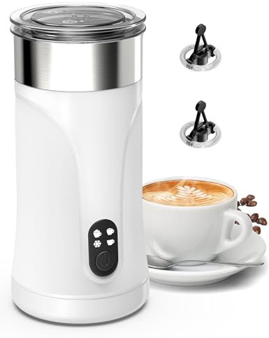Milchaufschäumer Elektrisch 4-in-1, Milchschäumer Elektrisch für Heißer und Kalter, Warme Milch, Automatische Abschaltung Milchbehälter, Antihaft-Innenausstattung für Latte, mit 2 Schneebesen, Weiß