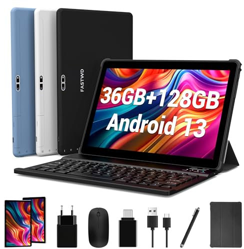 FASTWD Android 14 Tablette 10 Pouces Tablet PC 5G WiFi 36（12+24） Go RAM +128 Go ROM,Smart IPS,Batterie 8000 mAh, 8MP+5MP| Bluetooth |OTG,Avec CAS+Clavier+Souris+Stylo,Gris