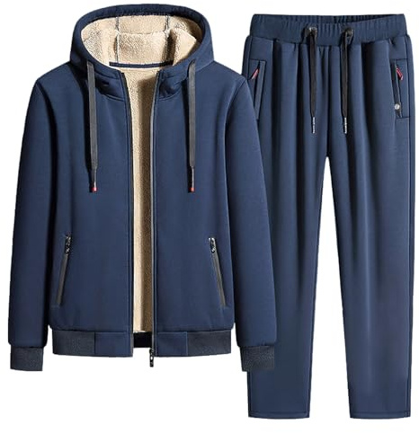 Jamron Hombre Invierno Conjunto de Chándal de Algodón con Forro Polar Chaqueta con Capucha y Pantalones Deportivos con Bolsillos con Cremallera Pierna Abierto Azul Marino XL