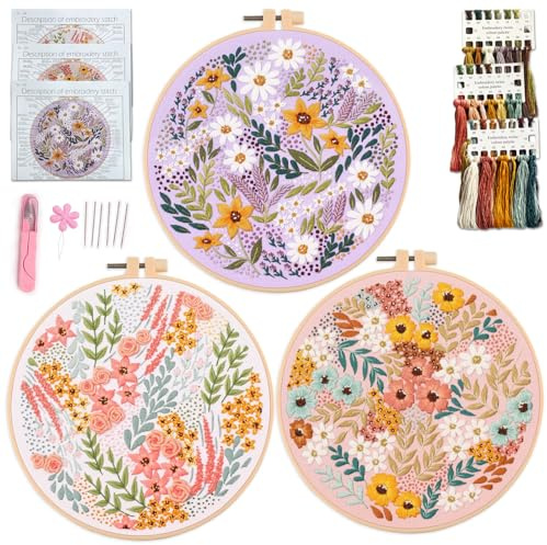 Myfelicity Embroidery kit, Adult Embroidery Material Set with Cute Flowers and Plants Patterns. 3 Embroidery Clothes and Colors Threads. 1 Hoop.