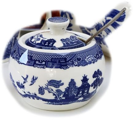 Darthome Sugar Pot with Lid Blue Willow Ceramic English Tableware Serving Storage Bowl
