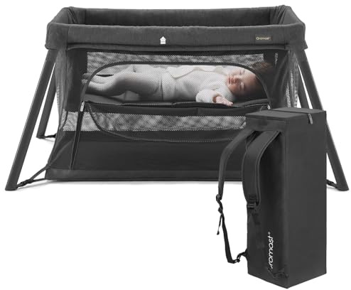 Gromast 2 in 1 Portable Travel Crib for Toddler, Foldable Crib for Baby, Lightweight Playpen Collapsible Playard with Soft Mattress, Easy to Carry Baby Travel Bed for Outdoor, Indoor (Black)