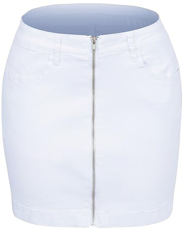 aromm kvinnor medelhög midja dragkedja fram denim kjol stretchig casual jeanskjolar med fickor, Vitt, L