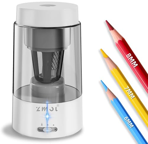 ZMOL Fully Automatic Electric Pencil Sharpener, Rechargeable, White | Auto-in & Out Pencil Sharpener with Container, for Colored & Standard Pencils (6-8mm), Safe, Portable, for Home/Office/School