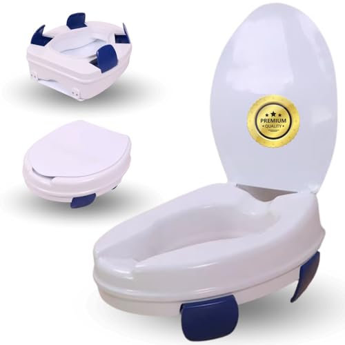 OrtoPrime Toilettensitzerhöhung für Erwachsene, 11 cm, verstellbare Klammern, mit Deckel, Toilettensitz, für Erwachsene, orthopädisch, Toilettensitzerhöhung für Erwachsene